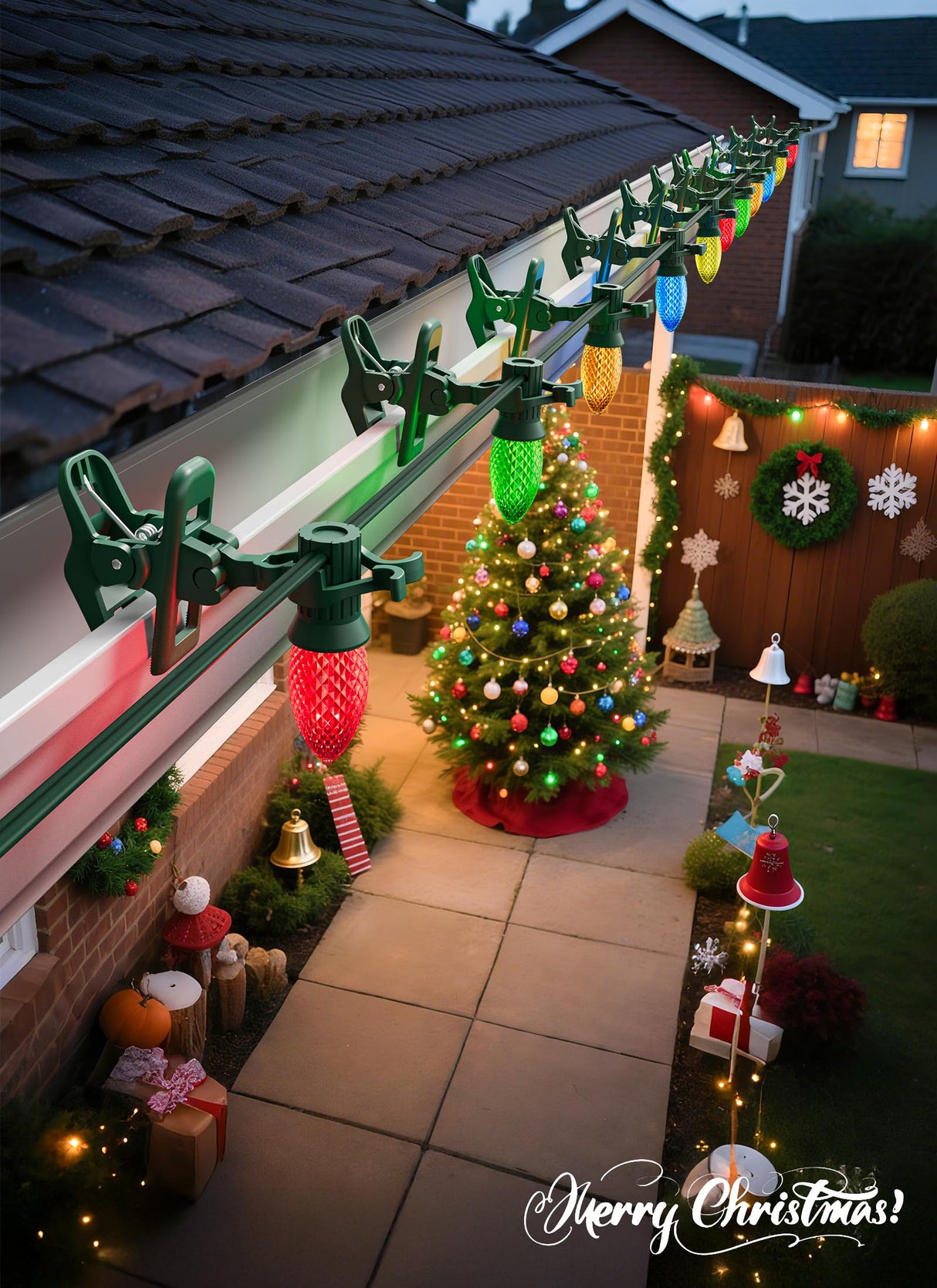 C7 C9 Christmas Lights Spring Clips, 100 Count Holiday Lights Quick Spring Clips, Shatterproof Shingle and Gutter Clips for E12, E17Socket, Rope Lights Roofline Fence Railing Mantel Christmas Trees