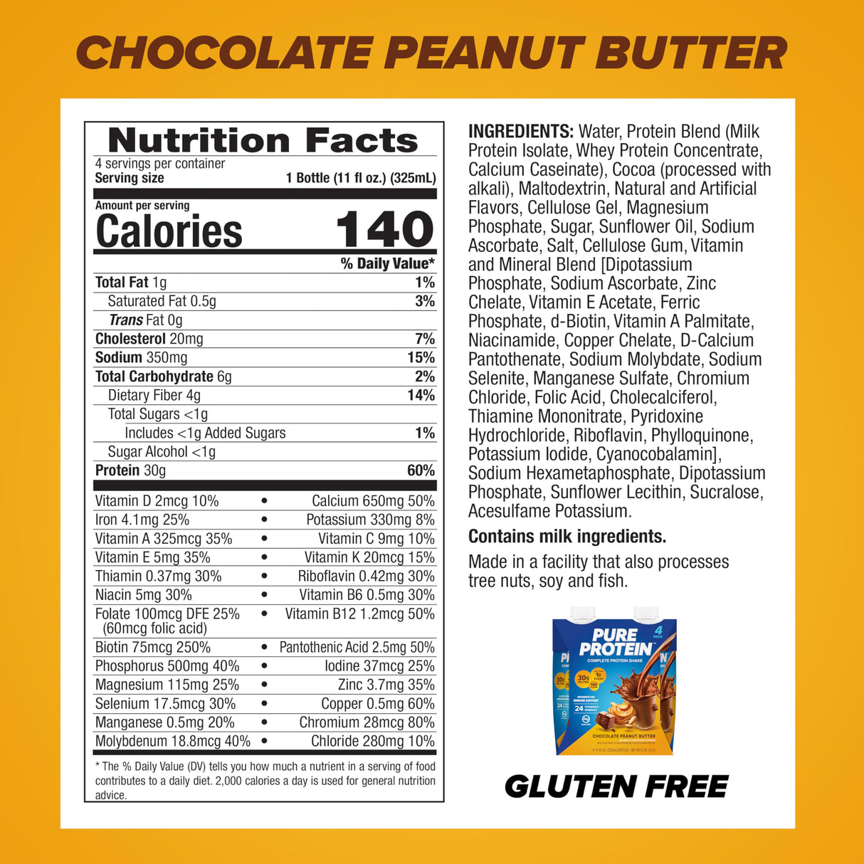 Pure Protein Chocolate Peanut Butter,Ready to Drink and Keto-Friendly, Vitamins A, C, D, and E Plus Zinc to Support Immune Health, 11 Oz, 12 Count (Packaging may vary)