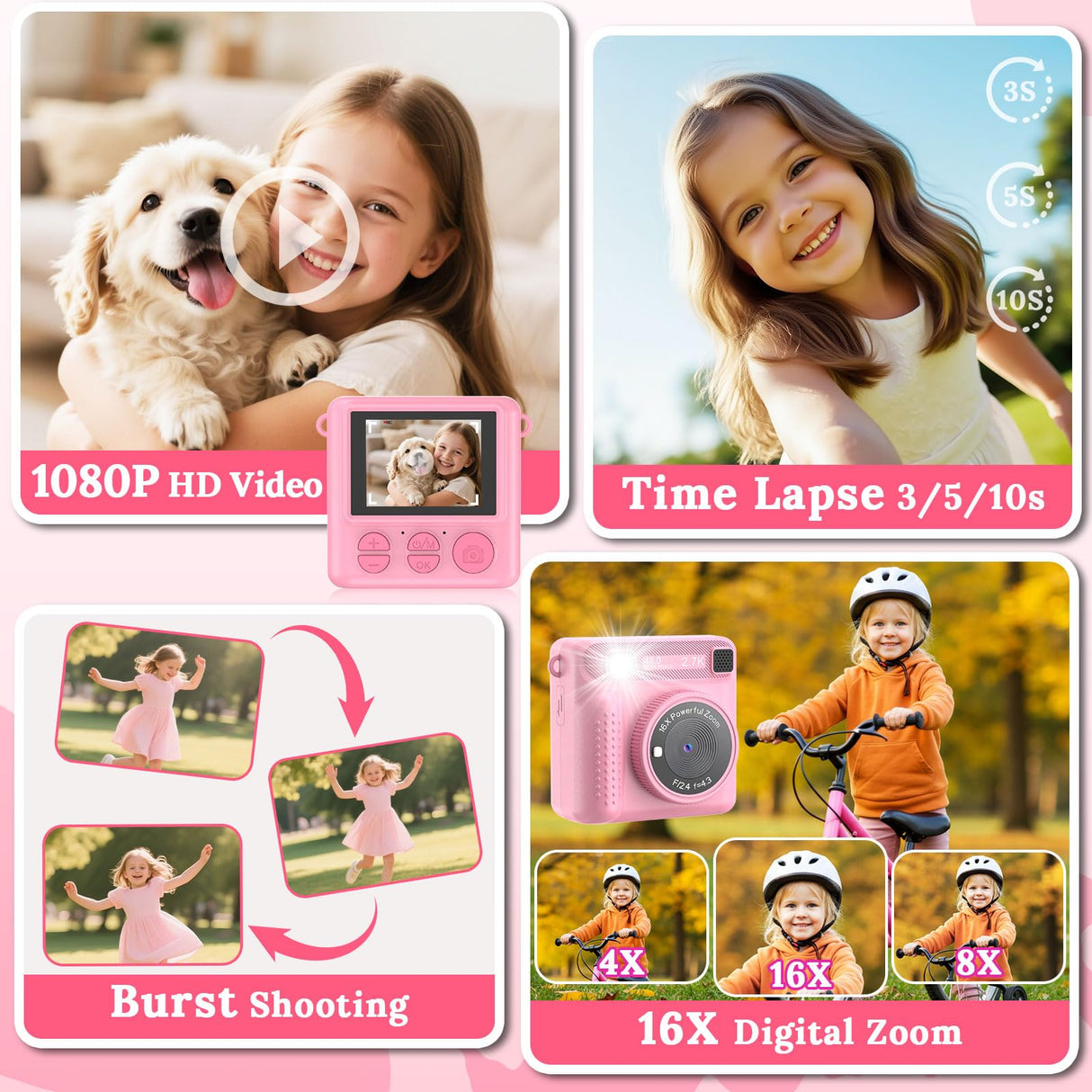 JPVERLY Kids Instant Print Camera - Christmas & Birthday Gift for Boys and Girls Ages 3-12, HD Digital Video Camera Toy with 3 Rolls Printing Paper & 32GB Card (Pink)