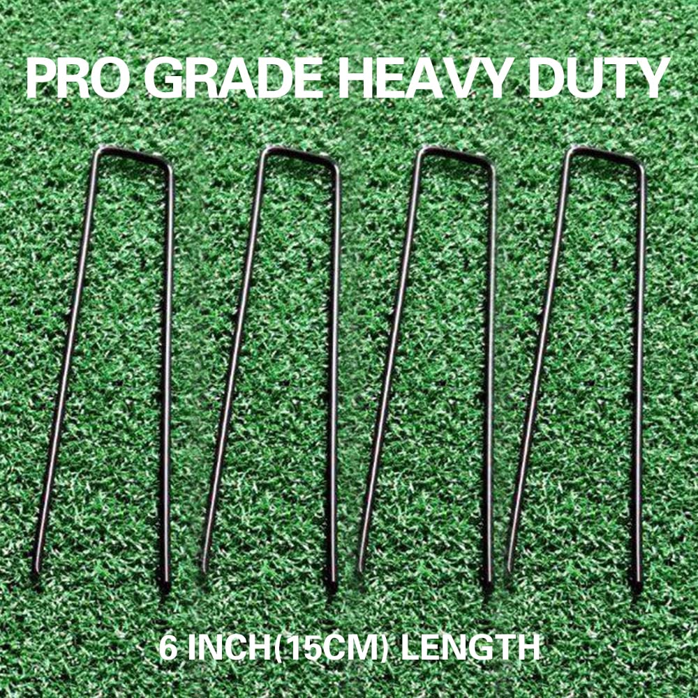 Bakulyor 100pcs Black Landscape Staples + 100pcs Buffer Washer, 6 Inch 11 Gauge Garden Stakes Staples, U Shaped Galvanized Lawn Pins Heavy Duty Yard Ground Pin for Weed Barrier Sod Fabric Decorations