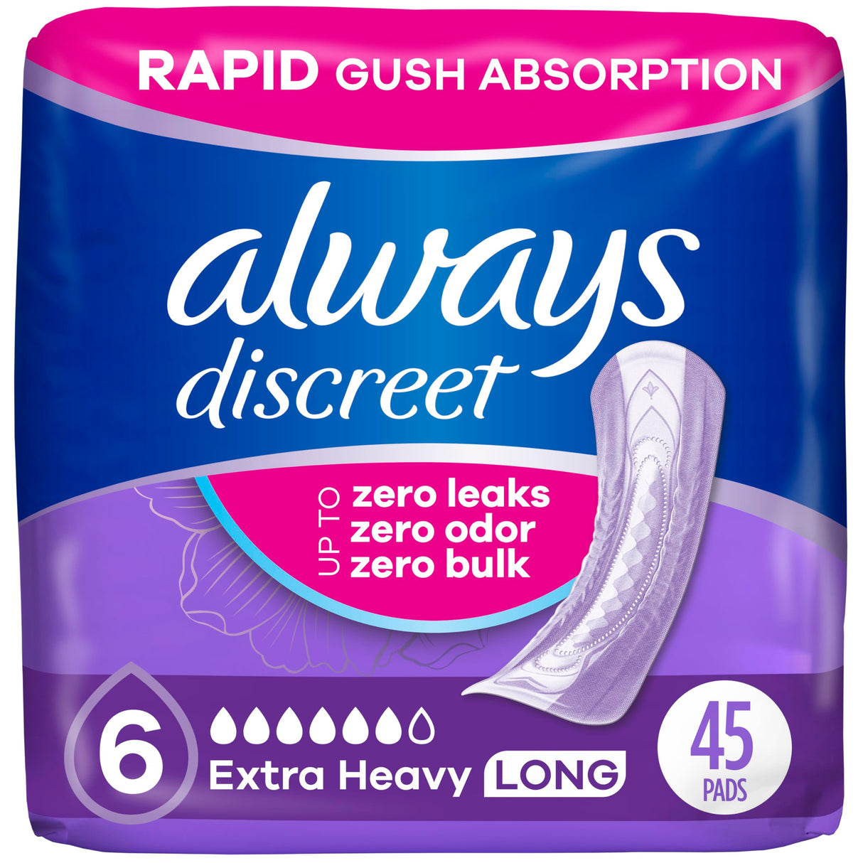 Always Discreet Adult Incontinence Pads for Women, Extra Heavy Absorbency, Long Length, Postpartum Pads, 45 Count (Packaging May Vary)