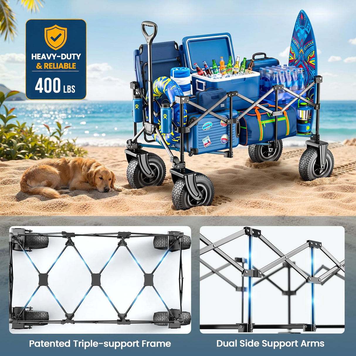 All-Terrain Beach Wagon with 10" x 3.5" Big Inflatable Rubber Wheels for Sand, 220L Collapsible Utility Wagon, 400 lbs Heavy Duty Folding Cart with 2 Cup Holders for Camping, Sports, Garden, Black