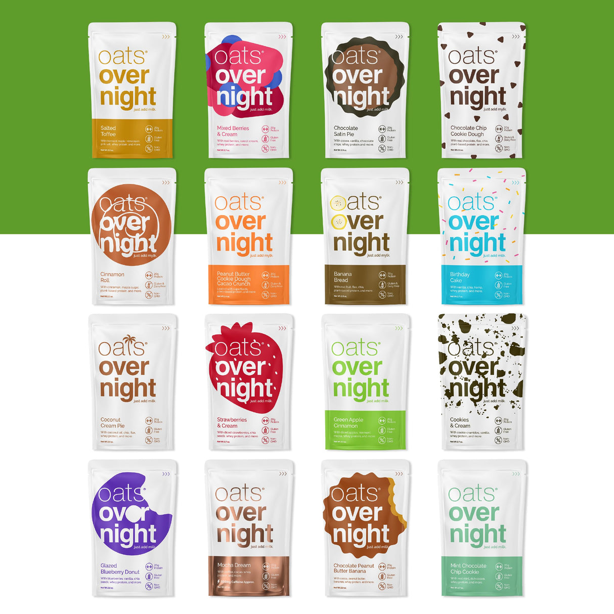 Oats Overnight Ultimate Variety Pack - High Protein, 5g Fiber Breakfast Protein Shake, Gluten Free Oatmeal, Non GMO Oatmeal - Green Apple Cinnamon, Coconut Cream Pie & More (16 Pack + Shaker Bottle)