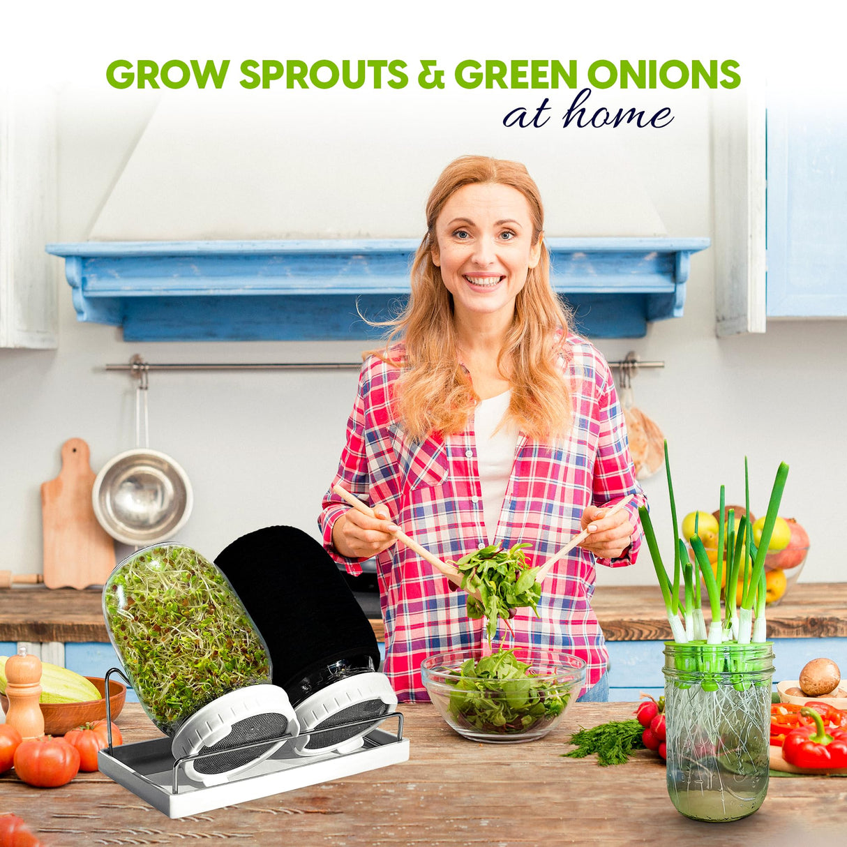 Premium Seed Sprouting Kit & Green Onion Regrower – 2 Wide-Mouth Mason Jars with Sprout Lids, Stainless Stand, Drain Tray, Blackout Sleeves & Cleaning Brush for Broccoli, Alfalfa & Mung Beans