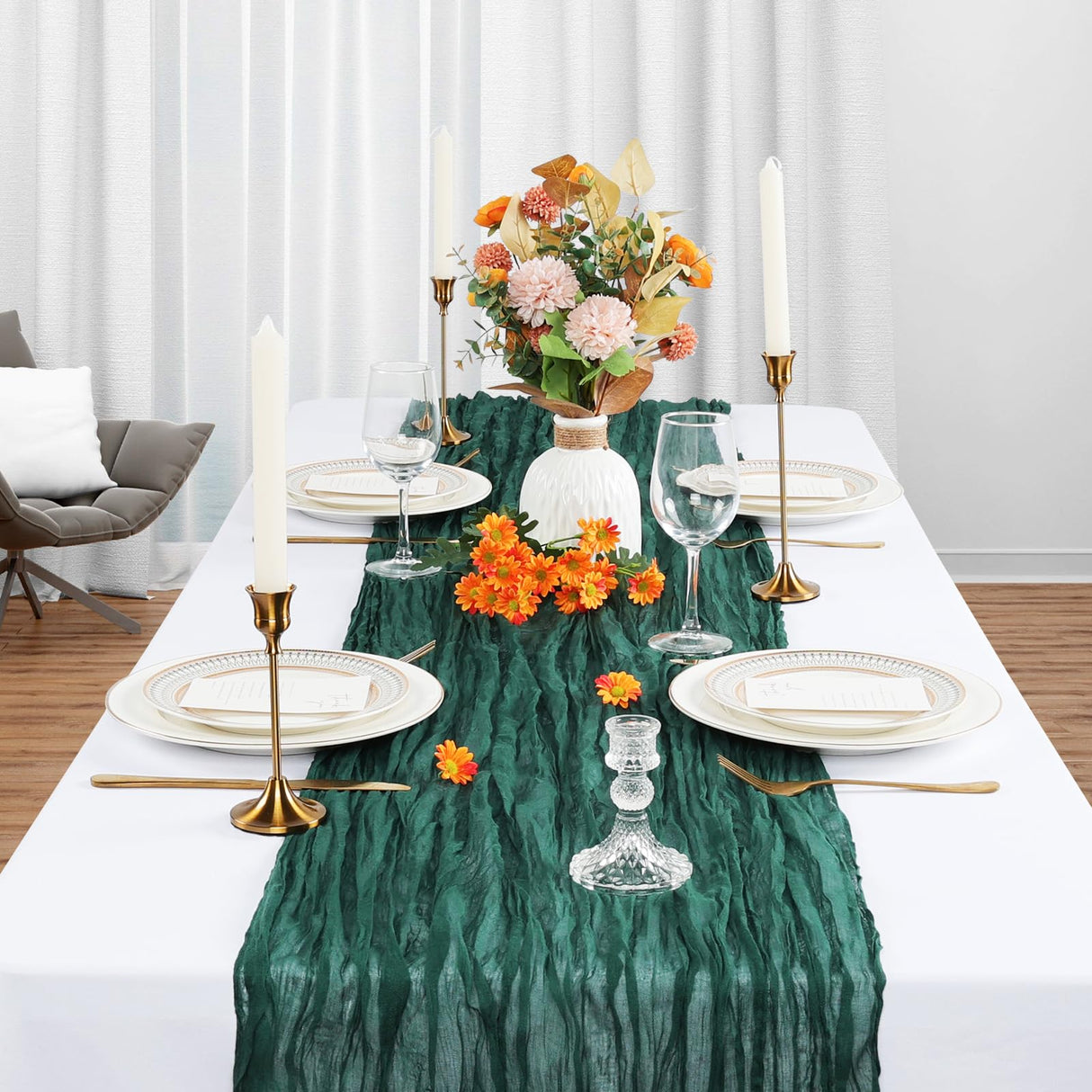 6 Pack Christmas Table Runner Emerald Green Cheesecloth 10Ft Gauze Cheese Cloth Table Runner 35x120 Inch Boho Sheer Rustic Fabric for Party Decor Baby Shower Wedding Home Holiday Decorations