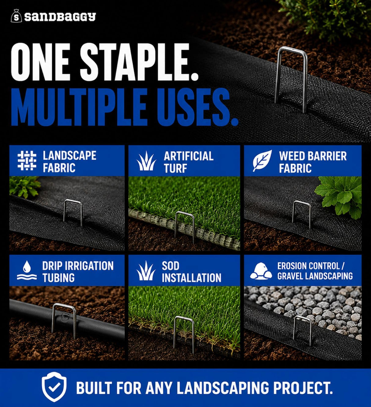 Sandbaggy 6 Inch Landscape Staples, 1,000 Pack 11 Gauge Heavy Duty Steel Garden Staples, Square Top U Pins for Weed Barrier Fabric, Sod, Turf, Netting and Drip Irrigation Tubing