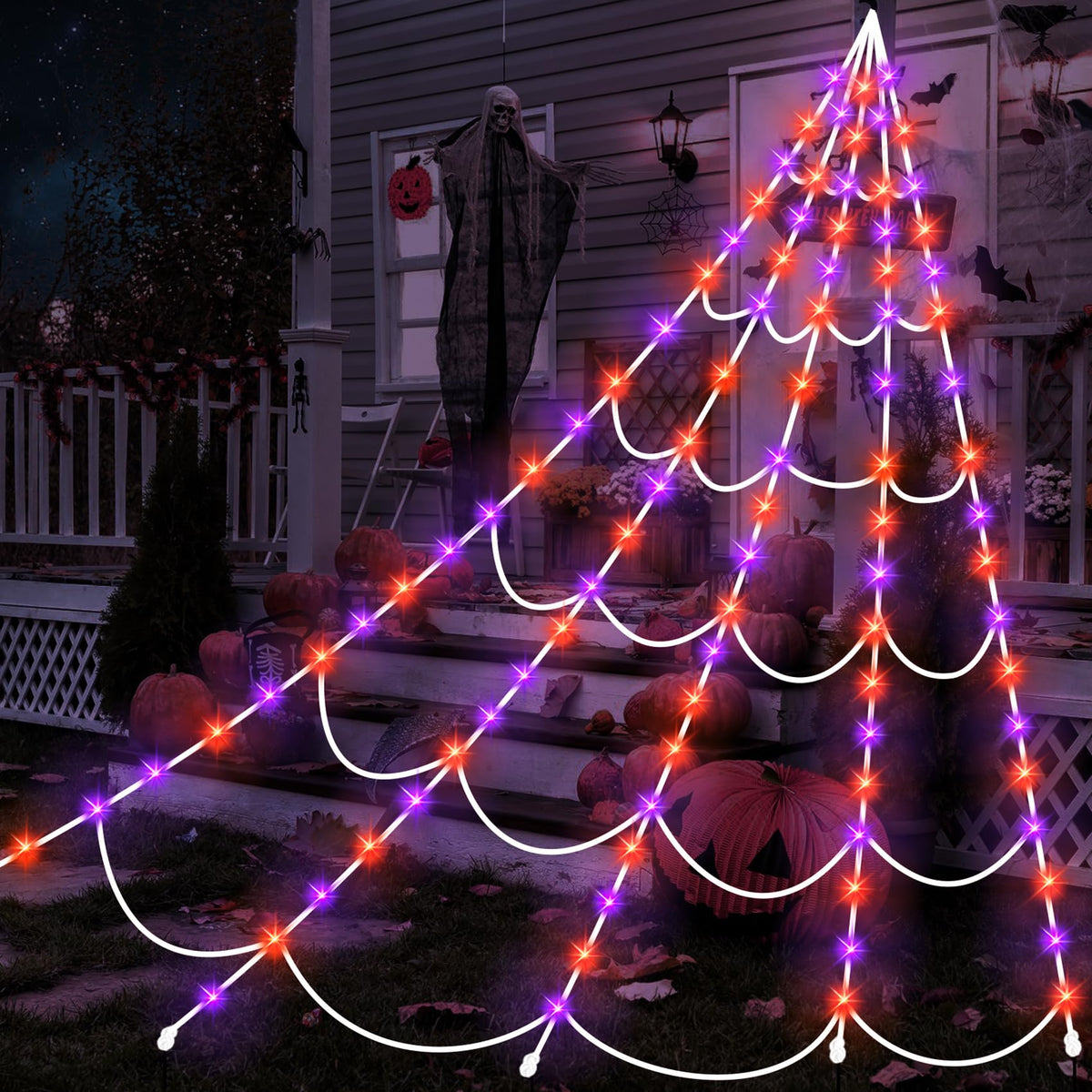 Halloween Spider Web Lights 150 LED Lighted Spider Web Giant 16.4 Ft Halloween Decorations Light up with 8 Lighting Modes Waterproof & Timer Outdoor Indoor Yard Haunted House Decor, Purple & Orange