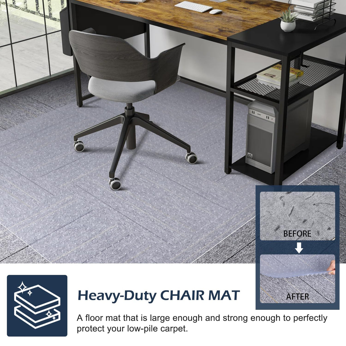Chair Mat for Carpet, SALLOUS 46" x 60" Office Chair Mat for Carpeted Floors, Heavy Duty Vinyl Floor Mat with Grips, Floor Protector Computer Desk Mat for Home Office (Clear, Rectangular)