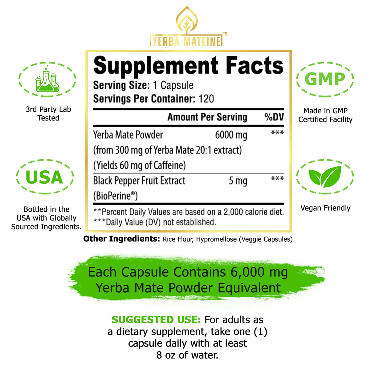 6000mg Extra Strength Yerba Mate High Potency, 60mg Caffeine Per Capsule, Extract Pills Supplements for Clean Natural Energy, Improved Focus, Concentration, Nootropics, Made in USA - 120 Caps