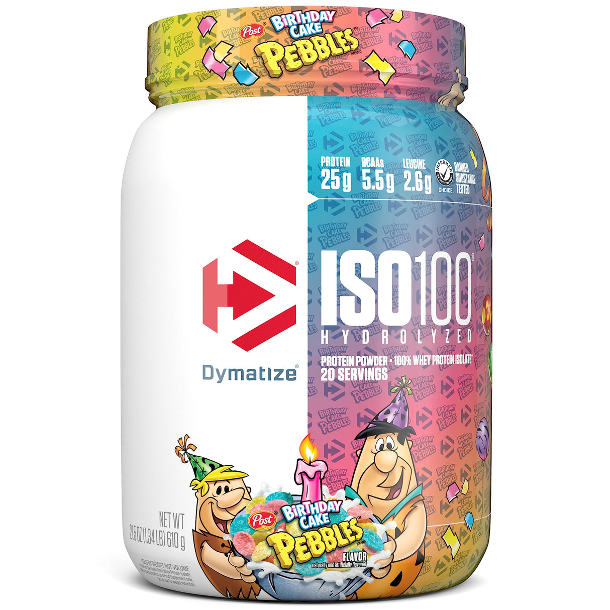 Dymatize x Birthday Cake Pebbles ISO100 Whey Protein Powder Isolate, 25g of Protein, 20 Servings, 5.5g BCAAs, 120 Cal., Gluten Free, 1g Fat, 1g Sugar, 2g Carb