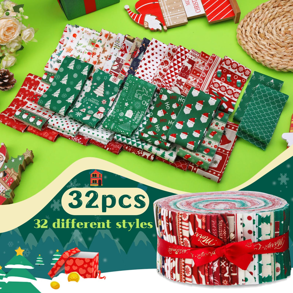 Jelly Roll Quilting Fabric, Scraps Squares Strips, Snowman Pattern Roll Cotton Fabric for Christmas DIY Crafts & Home Decor