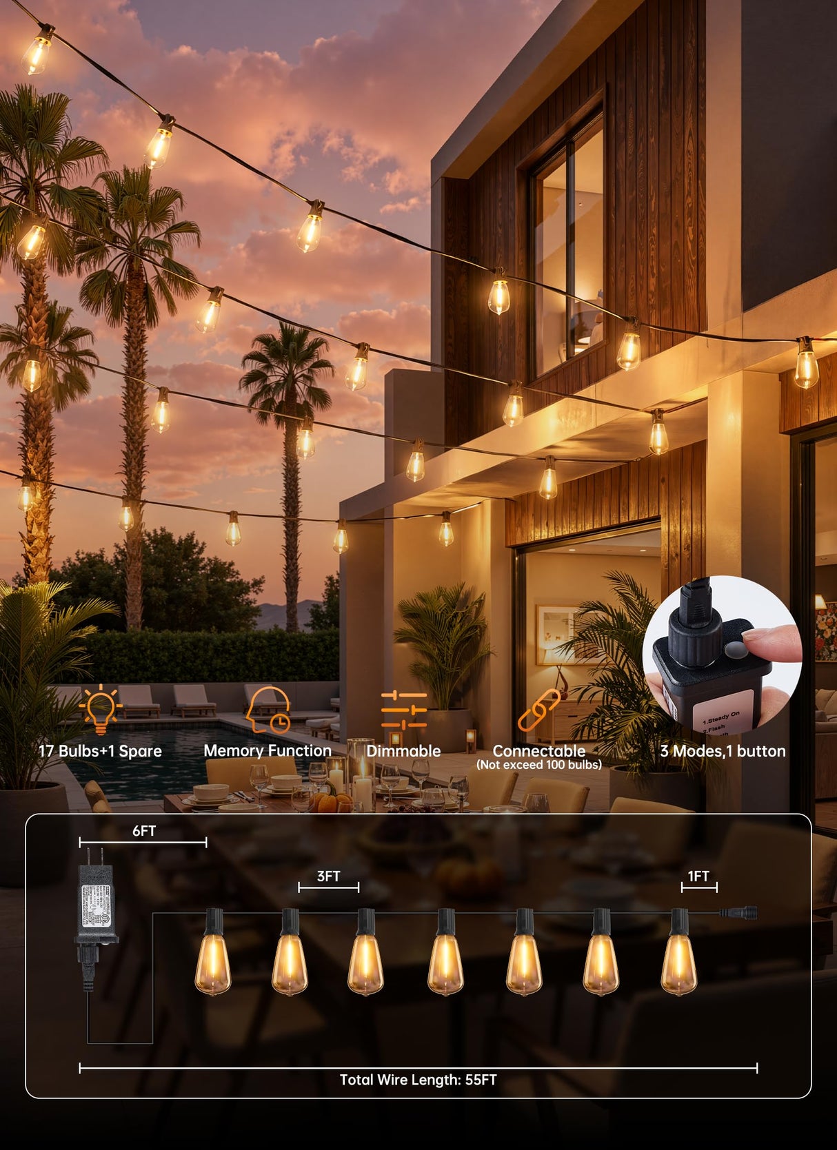 Minetom 55FT Outdoor String Lights with Remote, 17+1 Shatterproof ST38 LED Bulbs, Waterproof Patio Lights with 3 Modes, Dimmable & Connectable 2700K Hanging Lights for Backyard Porch Deck Balcony