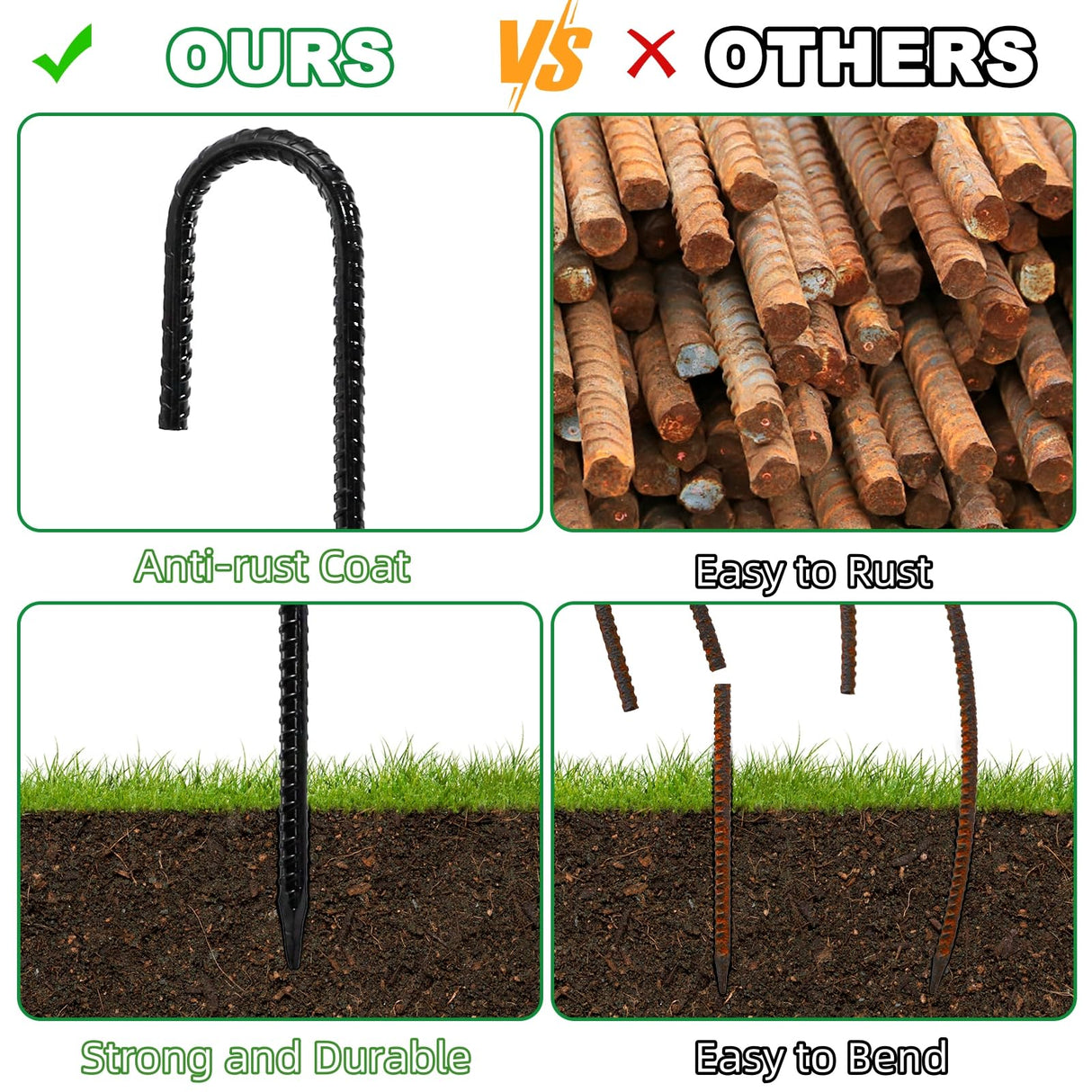 Hacaroa 20 Pack 12 Inch Rebar Stakes Heavy Duty, J Hook Ground Anchors Metal Tent Stakes, Steel Garden Stake for Camping, Canopies, Chain Link Fences, Trampolines, Black