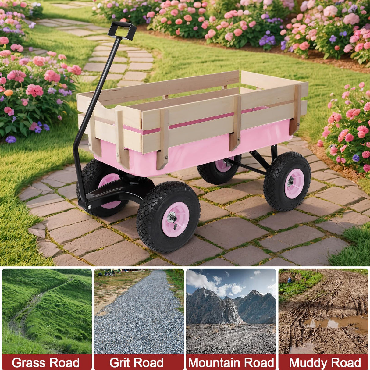 Outvita All-Terrain Cargo Wagon, 220lbs Load Utility Cart for Kids, Pink