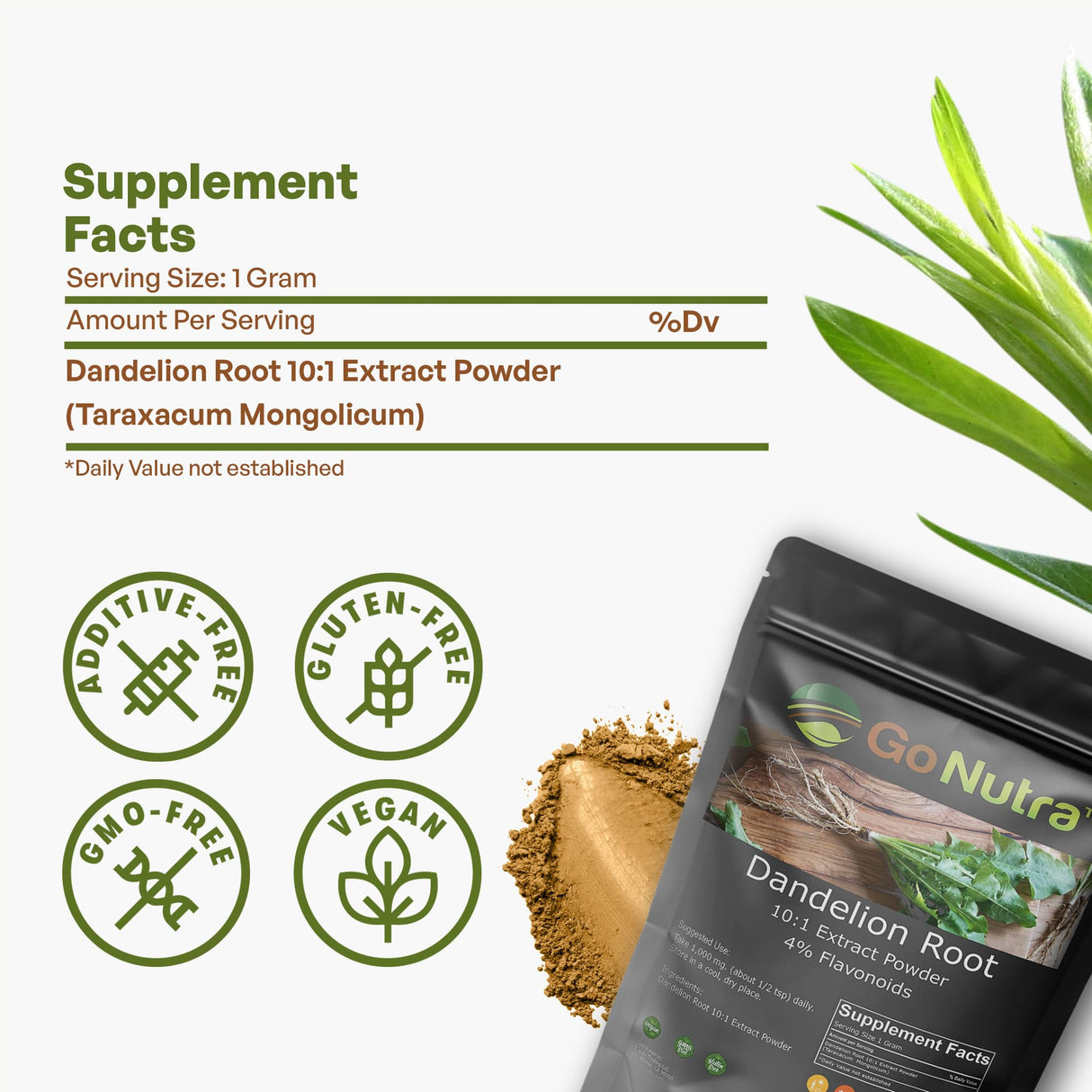 Go Nutra - Dandelion Root Powder, Potent 10:1 Dandelion Root Extract with 4% Flavonoids, Pure and Clean Dandelion Root Powder for Tea, Coffee, Milk, Yogurt, and More, Non-GMO, Vegan-Friendly, 1lb