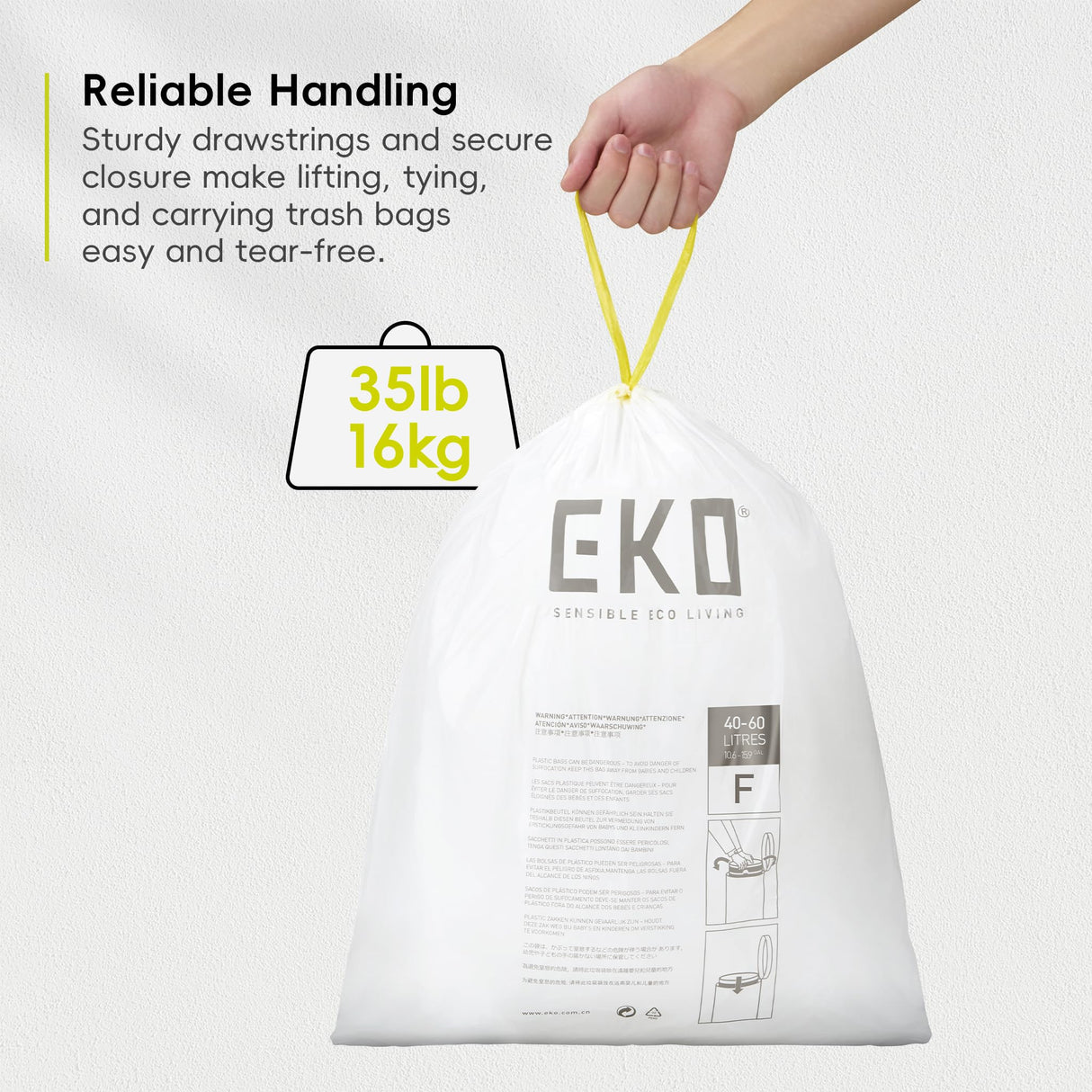 EKO Extra Strong 13 Gallon Large Drawstring Trash Bags, Heavy-Duty Garbage Bags for Kitchen & Household Use (50L), Leak-Resistant, 110 Count, Code F