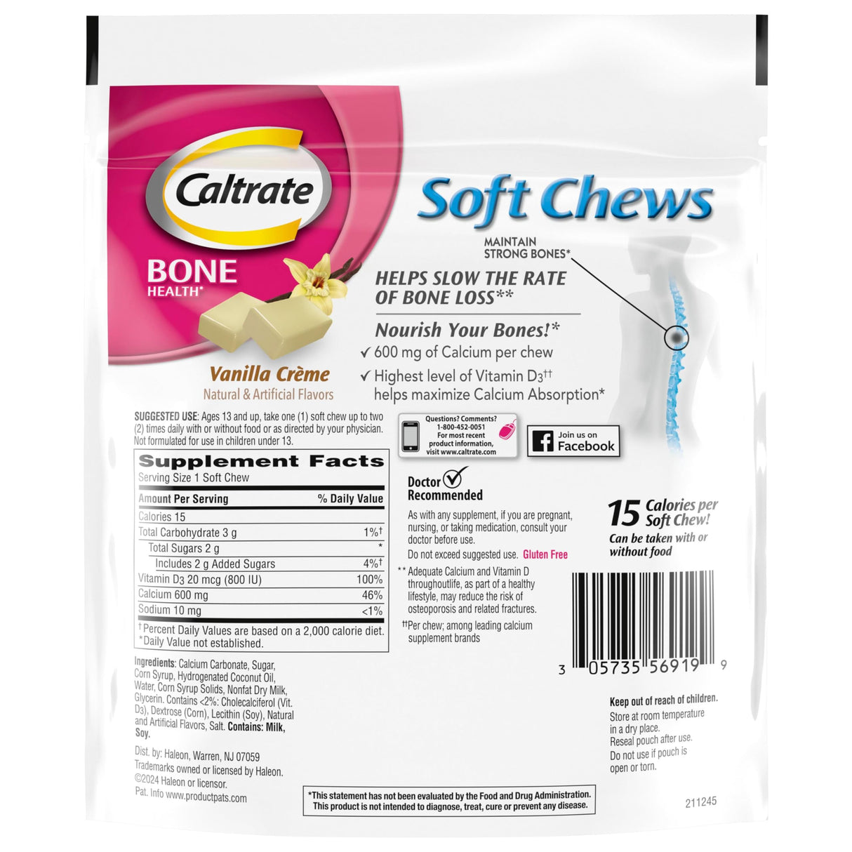 Caltrate Soft Chews 600 Plus D3 Calcium Vitamin D Supplement, Vanilla Creme - 60 Count