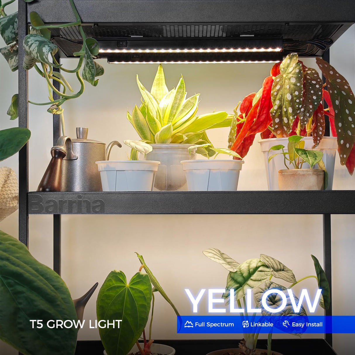 Barrina Grow Lights for Indoor Plants, Full Spectrum Sunlight, Black Cover LED Grow Light Bulbs, T5 Grow Light Strip, 1ft Plant Light for Indoor Plants Growing, 3 Mounting Modes, Yellow, 4 Packs
