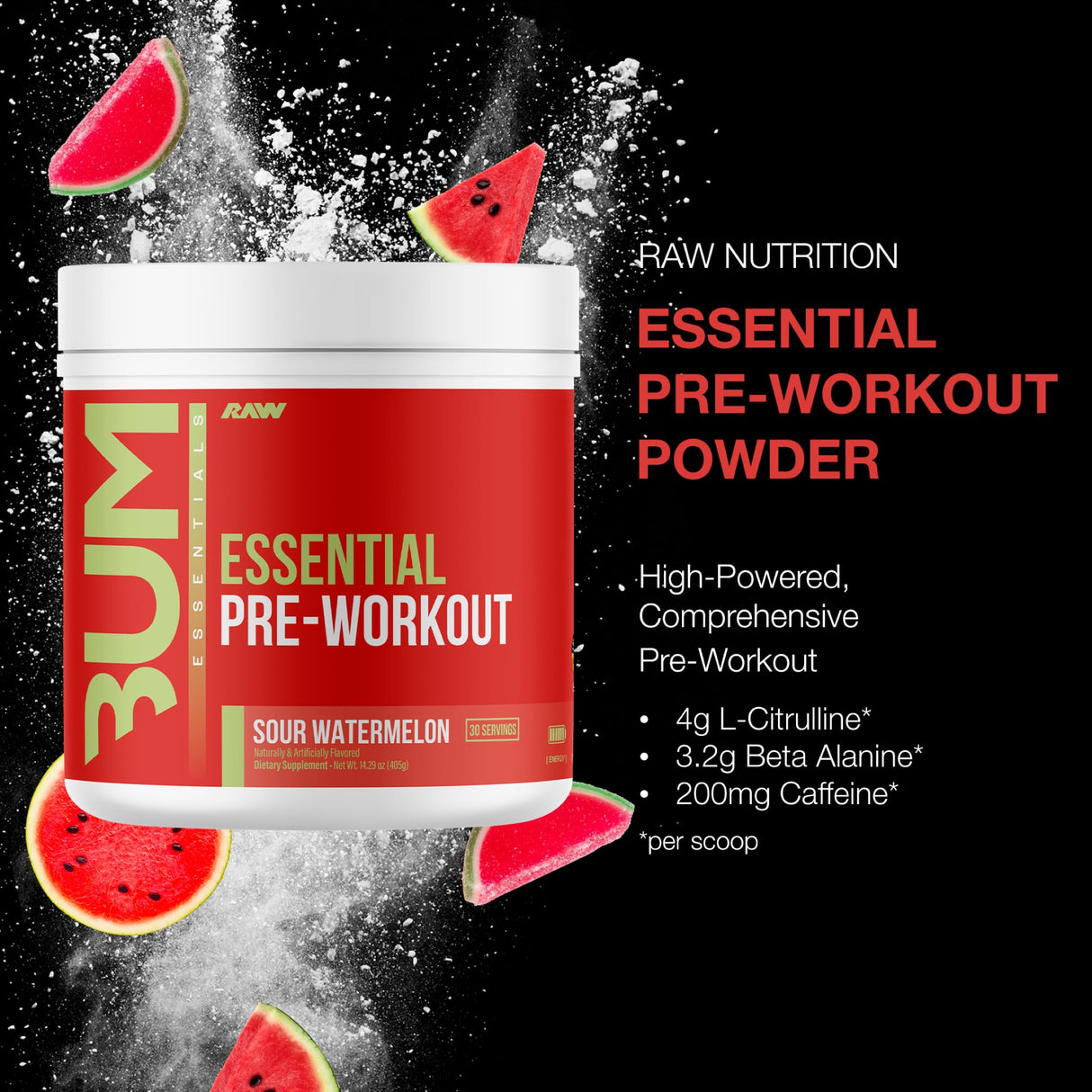 RAW Essential Pre-Workout Powder (Sour Watermelon) - Chris Bumstead Sports Nutrition Supplement for Men & Women - Preworkout Energy Powder with Caffeine, L-Citrulline, L-Tyrosine, & Beta Alanine Blend