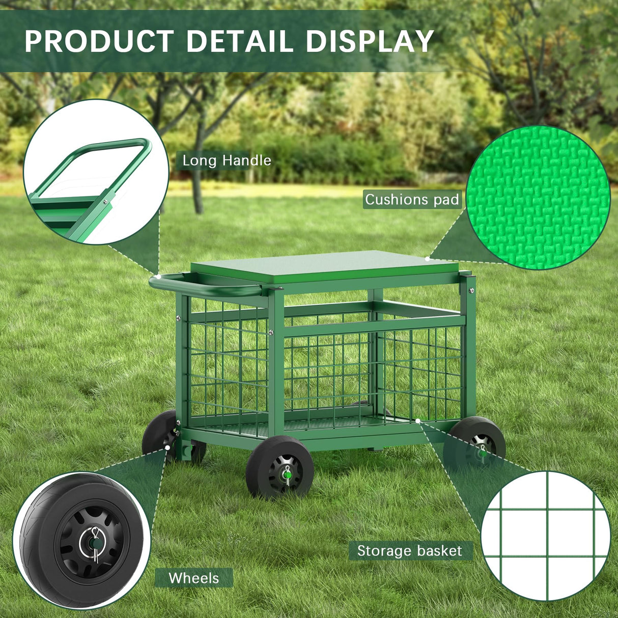 Garden Cart with Seat,3-in-1 Rolling Seat with Wheels for Seniors Gardening