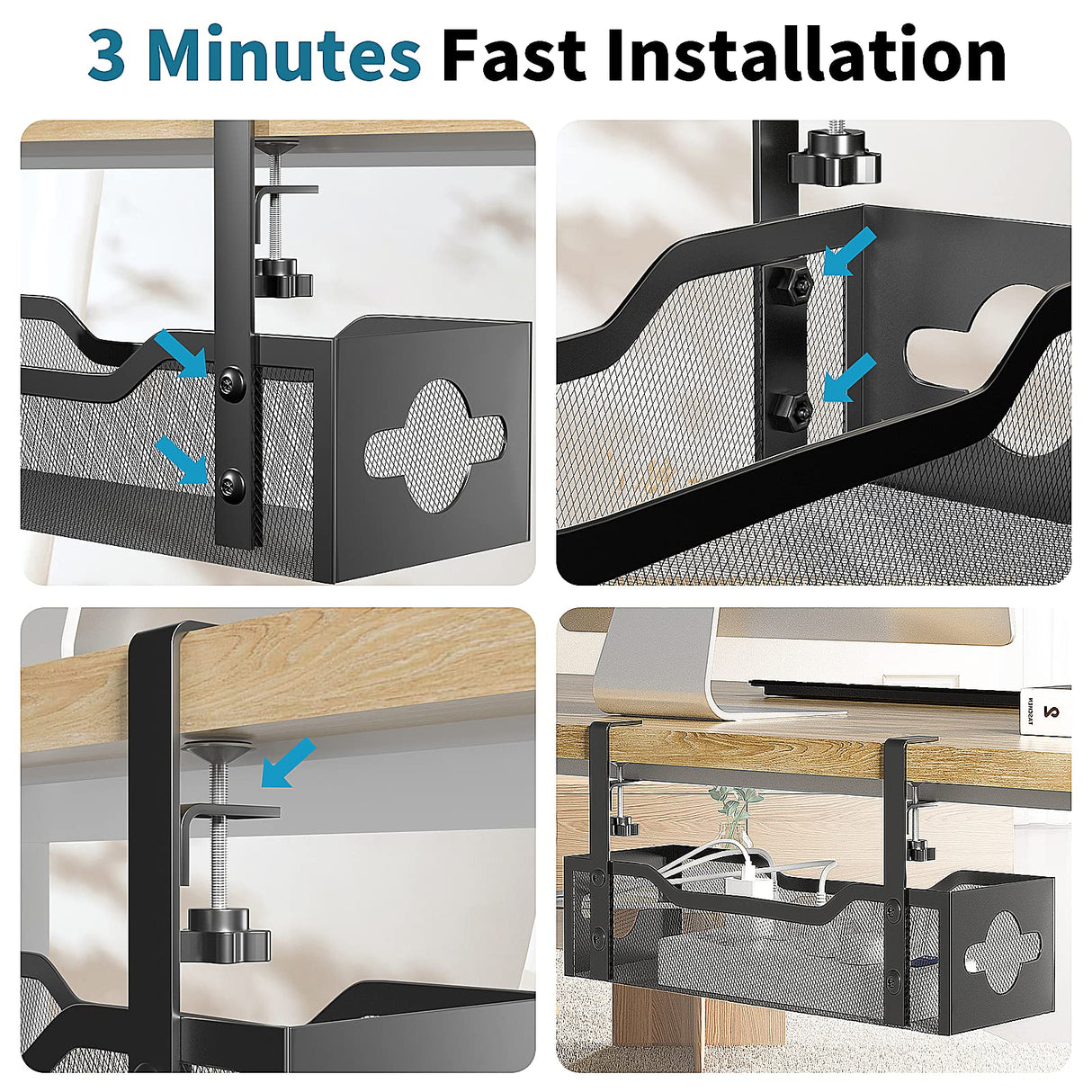 Under Desk Cable Management Tray Black, Litwaro Cable Management Under Desk No Drill, Cable Organizer with Clamp for Wire Management, Cord Organizer No Damage to Desk for Office, Home
