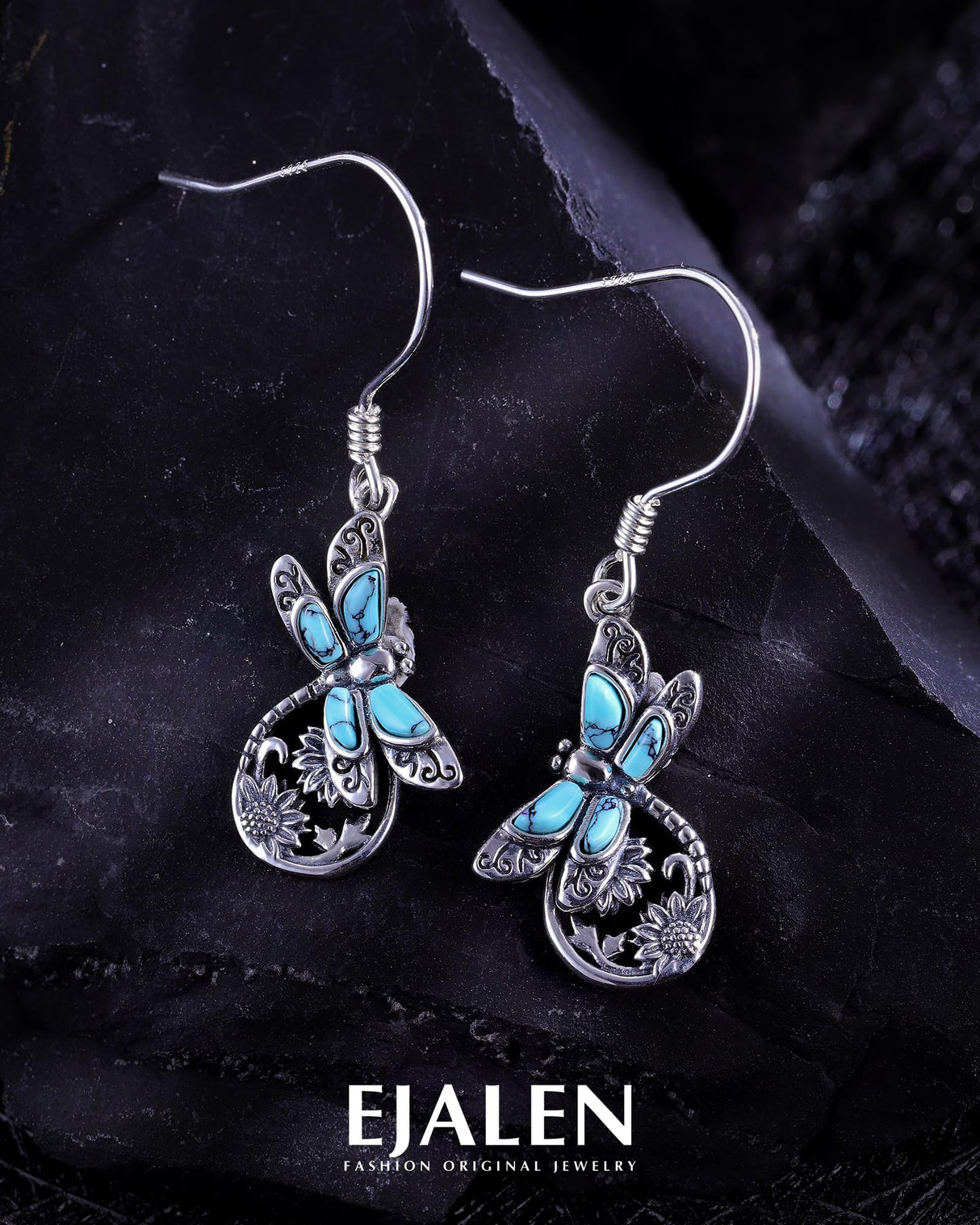 S925 Sterling Silver Turquoise Dragonfly Sunflower /Hummingbird/Butterfly/Cross/Anchor Earring Vintage Bohemian Jewelry Natural Drop/Stud Earrings Birthday Jewelry Gifts for Women (Dragonfly Dangle Earrings)