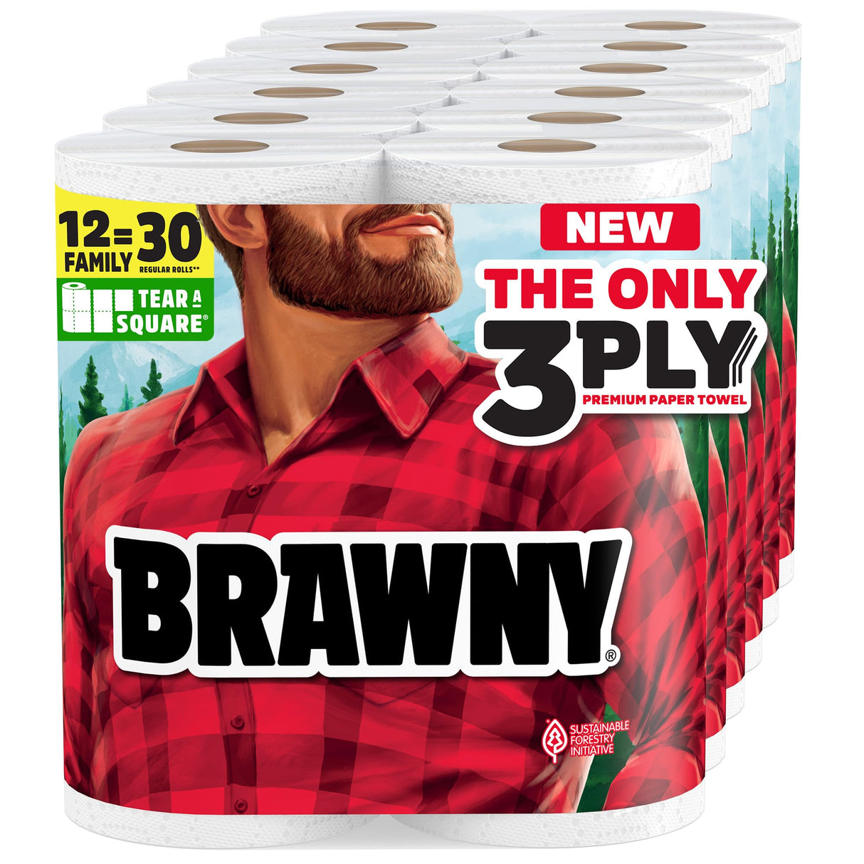 Brawny Tear-A-Square 3-Ply Paper Towels, 12 XL Family Rolls = 30 Regular Rolls, Strong, Absorbent, and Durable with 3 Sheet Sizes (Quarter, Half, Full)