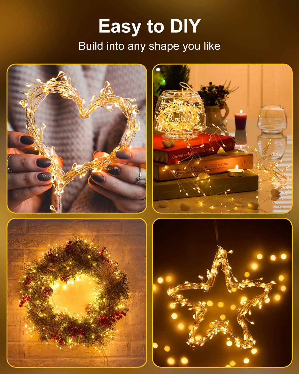 4 Pack Fairy Lights Battery Operated, 5 Feet 60 LED Twinkle String Lights Waterproof Firecracker Starry Lights for DIY Wreath Home Wedding Bedroom Mason Jar Holiday Christmas Decorations, Warm White