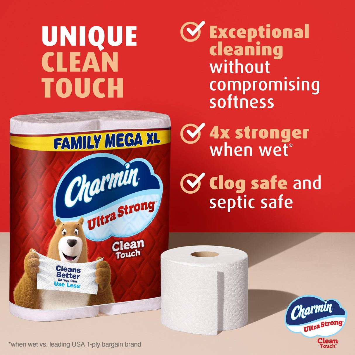 Charmin Toilet Paper Ultra Strong Clean Touch, 18 Family Mega XL Rolls = 126 Regular Rolls