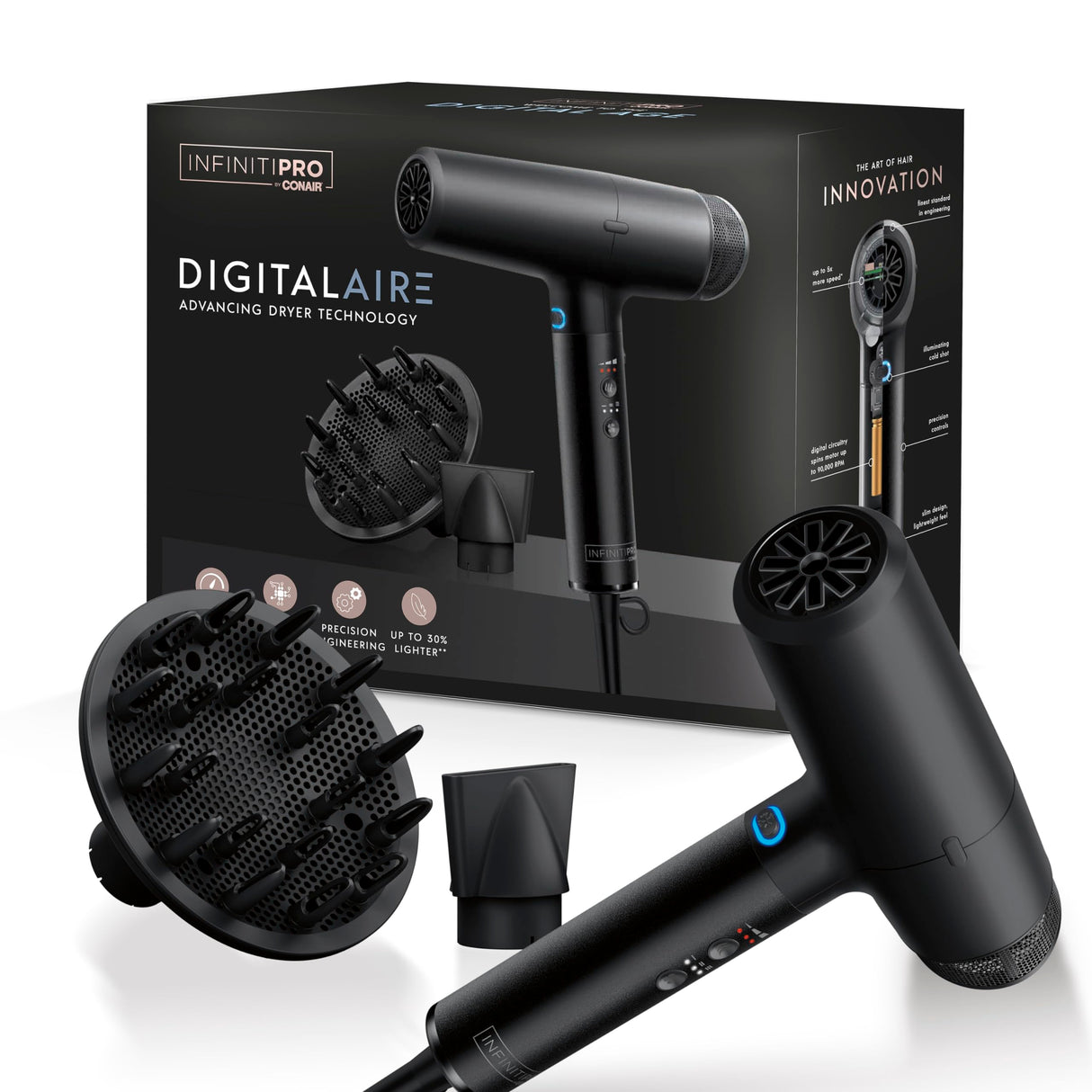 INFINITIPRO by CONAIR DigitalAIRE Hair Dryer | Frizz-Eliminating Hair Dryer with Diffuser | Hair Blow Dryer with Up to 5X More Speed for Higher Air Pressure & Drying Power | Black