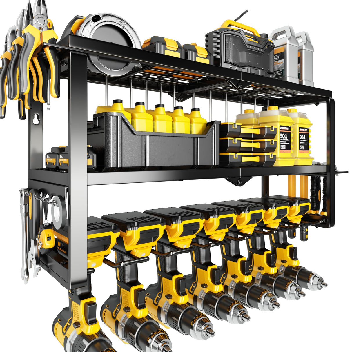 Hipidian Power Tool Organizer Wall Mount- 300lb Capacity 3-Tier Storage Rack with 7 Drill Holders for Garage Tools, Best Birthday Tools Gifts for Men Dad Husband