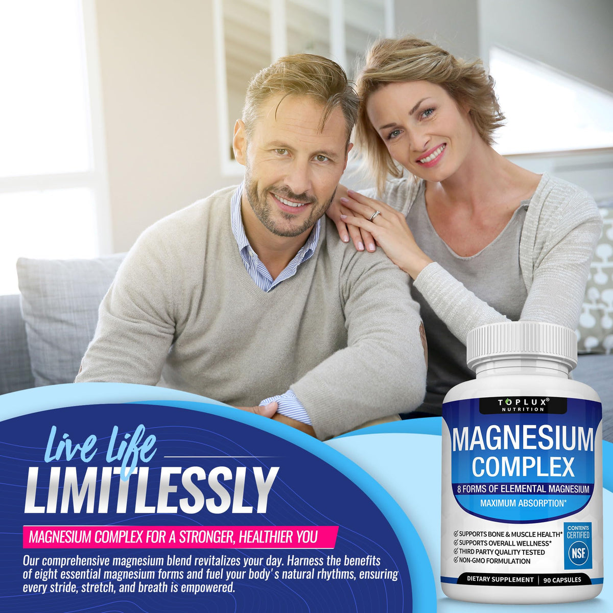 Toplux Magnesium Complex Supplement 8 Elemental - Magnesium Glycinate, Citrate, Malate, Taurate, Chelated for Easy Absorption for Bones, Muscle, Recovery, Energy, Vegan Non-GMO 90 Capsules
