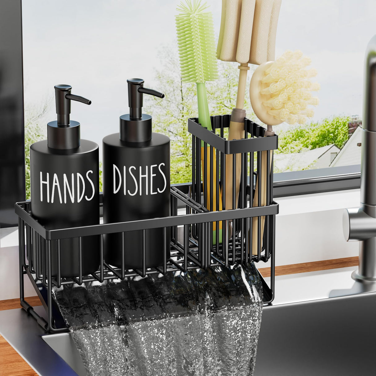 MASADI Kitchen Dish Soap Dispenser Set with Sponge Holder, 12OZ Glass Bottle, Hand and Dish Soap Dispenser Set, Non-Slip Silicone Pad, Brush Holder, Kitchen Sink Organizer Countertop (Black)
