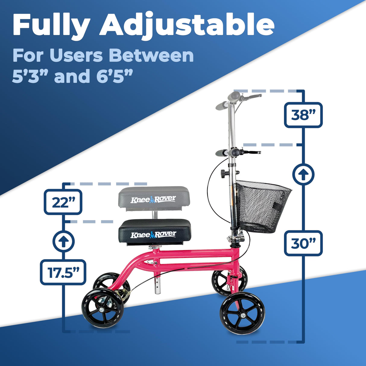 KneeRover Steerable Knee Scooter Knee Walker for Adults for Foot Surgery, Broken Ankle, Foot Injuries - Foldable Knee Rover Scooter for Broken Foot Injured Leg Crutch Alternative with Basket Hot Pink