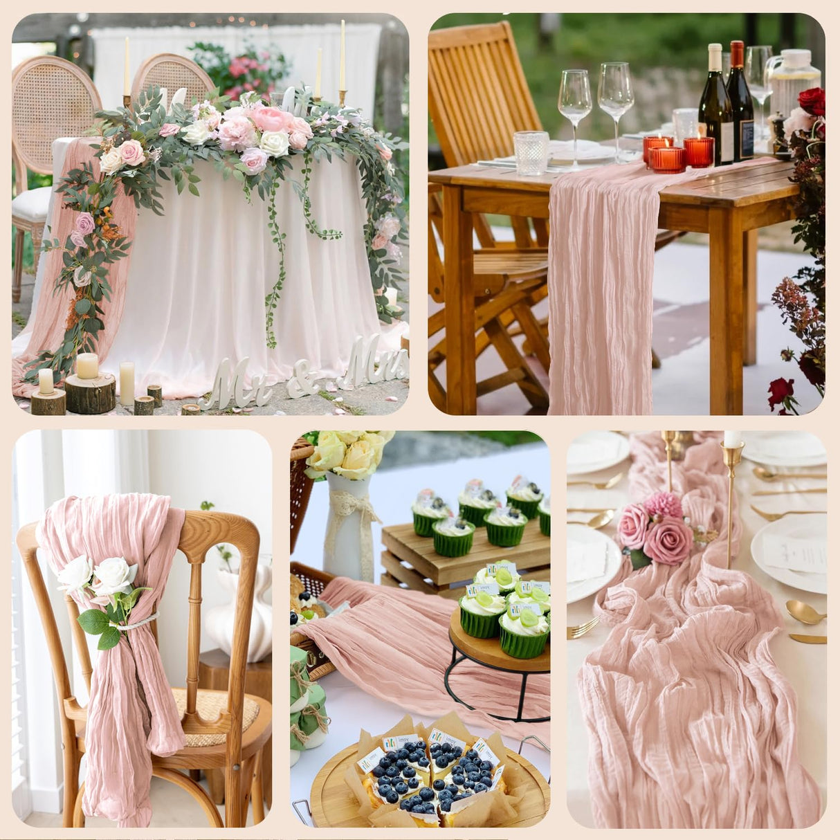 Wokceer Cheesecloth Table Runner Christmas 6Pack 10FT Dusty Pink Boho Gauze Fall Cheese Cloth Table Runner for Party Long Rustic Sheer Table Runners for Baby Bridal Shower Wedding Easter Table