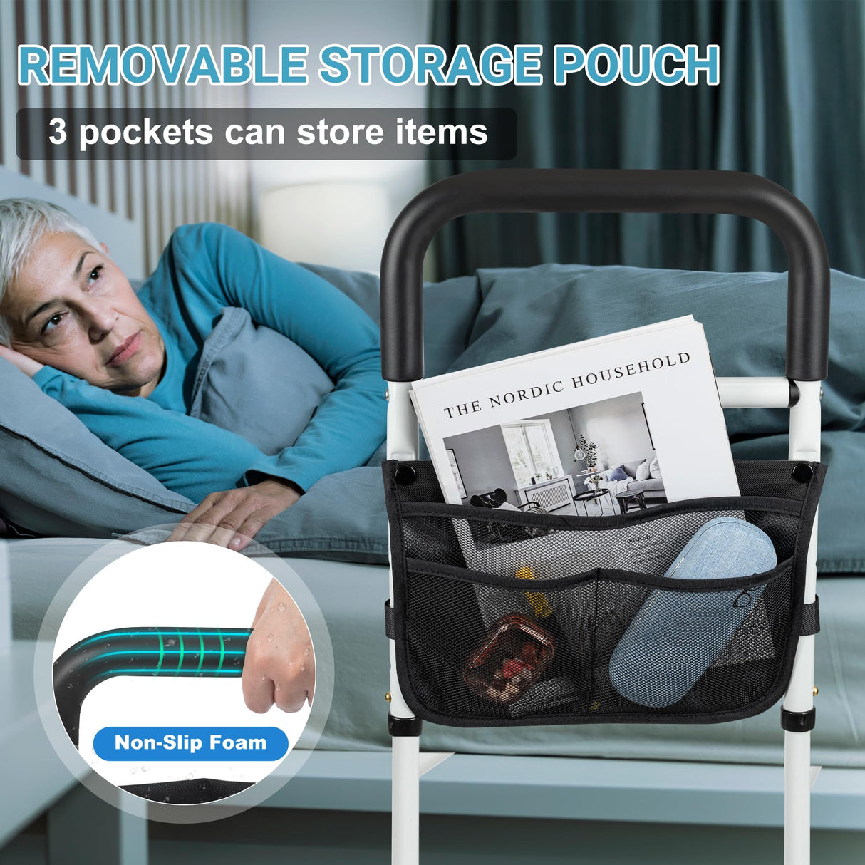 Bed Rails for Elderly Adults Safety, Adjustable Bed Assist Rails for Seniors, Bed Side Rails with Support Legs and Storage Pocket, Portable Bed Cane Fit King, Queen, Full, Twin Bed, Black