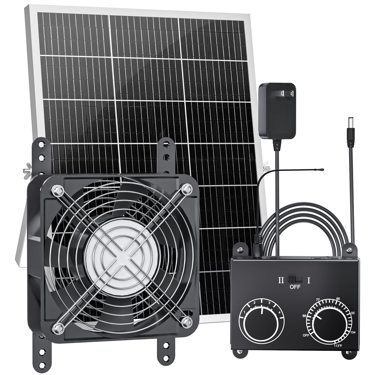 25W Solar Fan for Chicken Coop with Thermostat, Adapter, Metal Solar Powered Exhaust Fan Brushless Motor, MPPT Controller Dual Power Auto-Switch, 24/7 Operation, Dog House, Small Shed Greenhouse