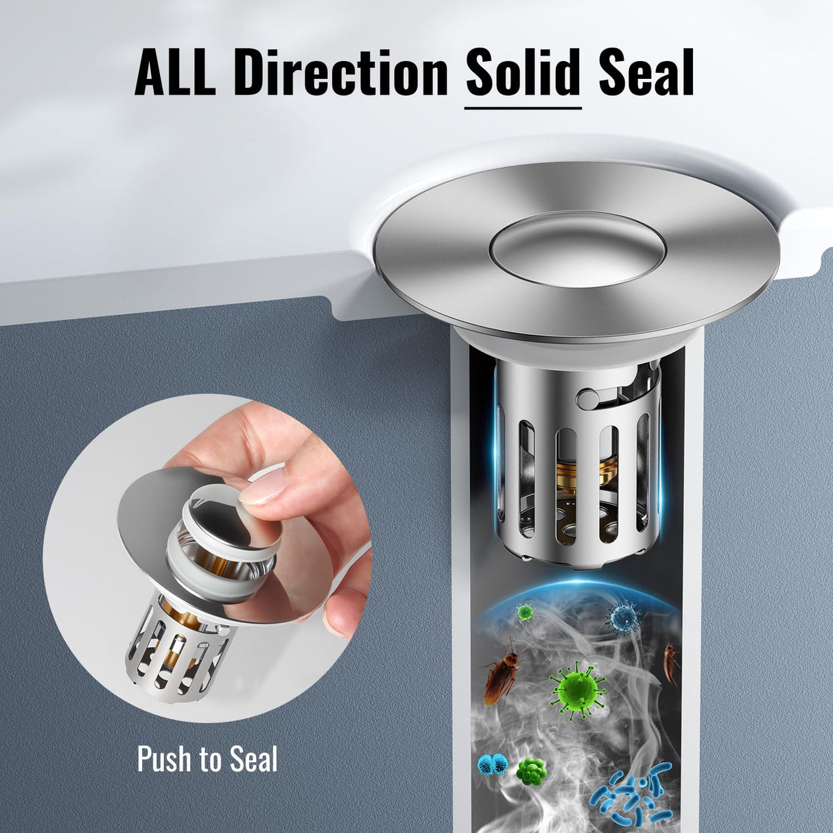 5-in-1 Bathroom Sink Stopper, 2 Pc Pop-Up Drain Stopper with Removable Hair Catcher, Anti-Clog Strainer, Odor Blocking & One-Way Flow Design, All Metal Brass Core & Stainless Steel, Fit 1.1"–2.36"