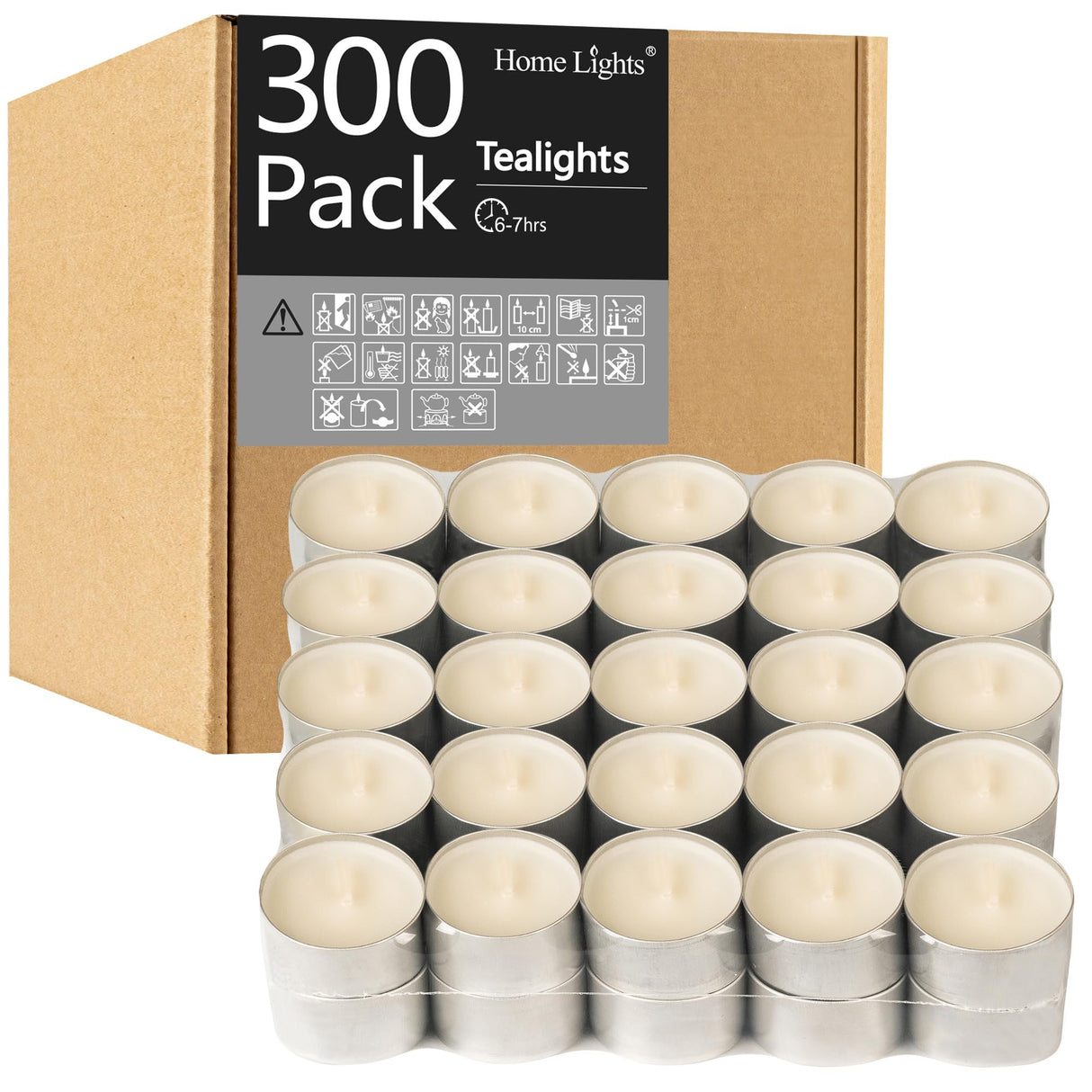 HomeLights Unscented White Tealight Candles -300 Packs, 6 to 7 Hour Burn Time Smokeless, Mini Votive Paraffin Candles with Cotton Wicks for Shabbat, Weddings, Christmas
