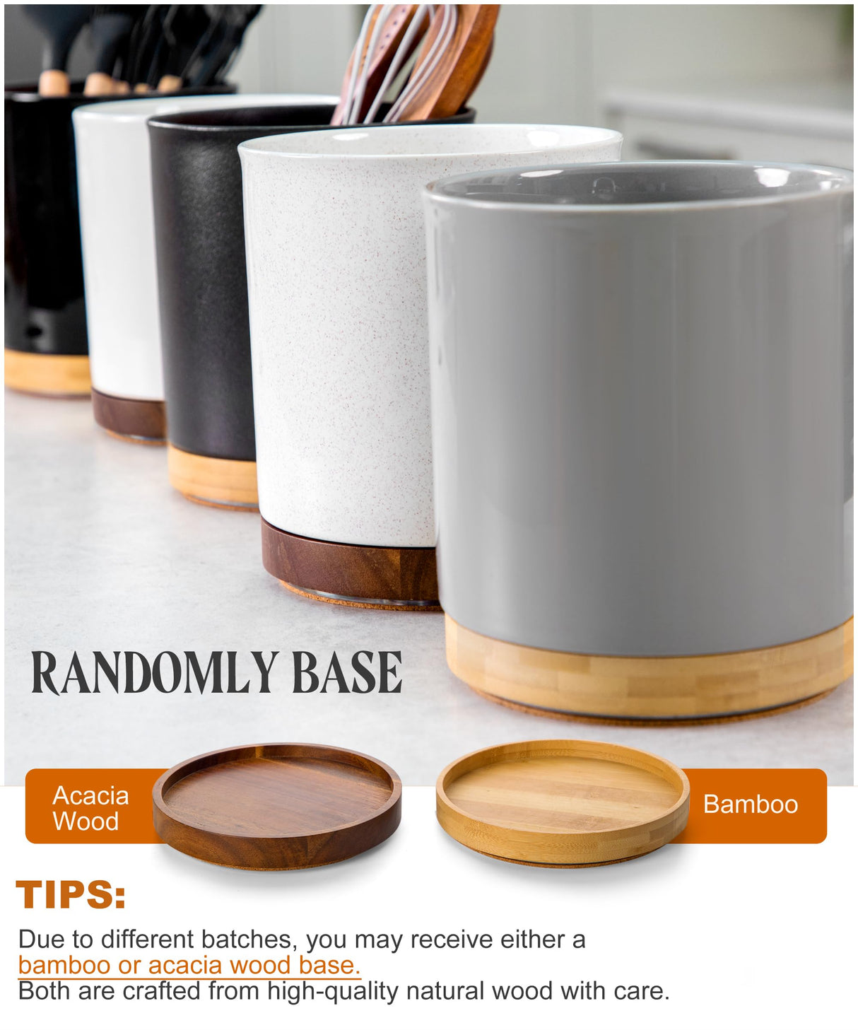 Nucookery 360°Rotating Utensil Holder, 7.2" Kitchen Utensil Crock, Ceramic Cooking Utensil Organizer with Countertop-Protection Cork Bottom for Farmhouse Kitchen Decor Christmas (Stone Black)