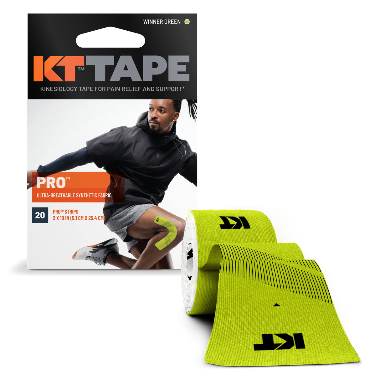 KT Tape, Pro Synthetic Kinesiology Athletic Tape, 20 Count, 10” Precut Strip, Winner Green