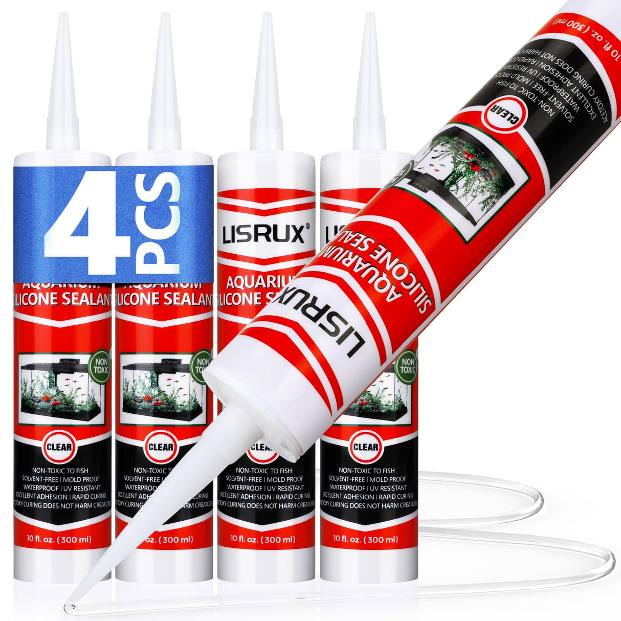 4 Pack Aquarium Silicone Clear Sealant, High Elasticity, Safe for Fish,Fast Curing Waterproof Aquarium Safe Silicone,10 Fl Oz Non-Toxic Fish Tank Safe Sealant,Strong Adhesion