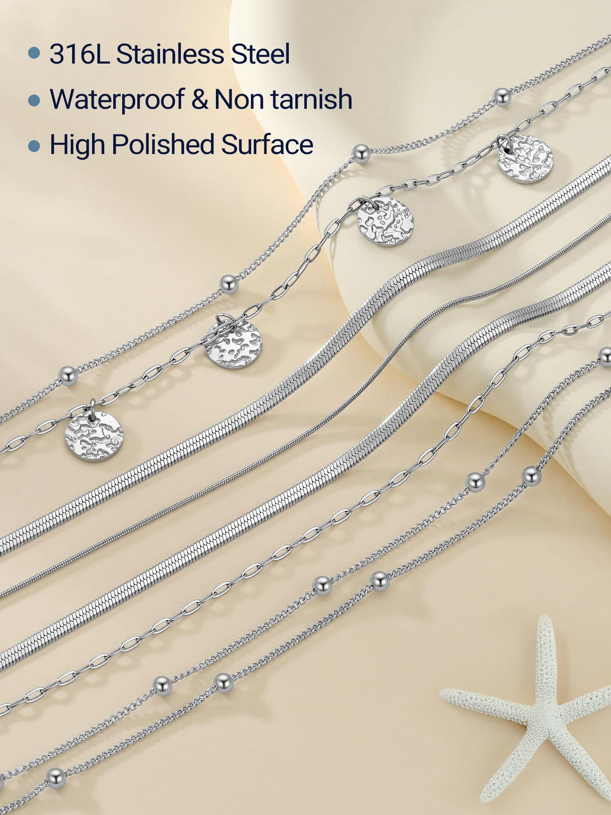 PROSTEEL Ankle Bracelets for Women Waterproof, Layered Snake Stainless Steel Summer Beach anklets, Silver 8-10.5 Inch Adjustable, Come with Box