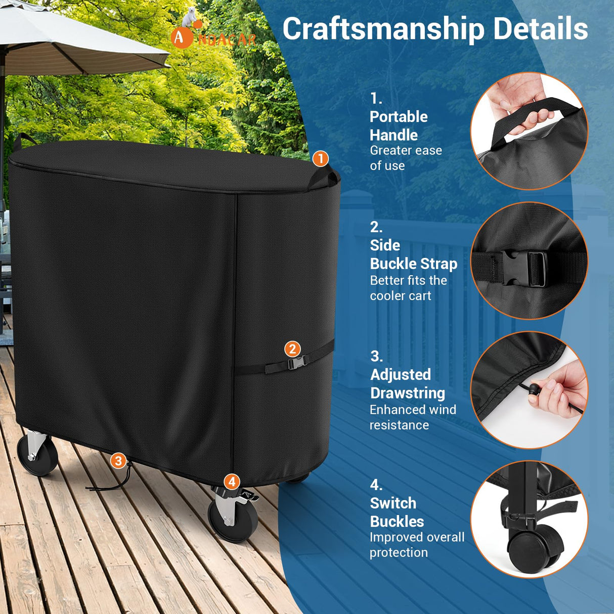Andacar Cooler Cart Cover for Permasteel 120-Qt Rolling Ice Chest, Waterproof Ice Chest Cart Cover Patio Cooler Covers Outdoor - 37.4"L×21.7"W×35"H, Black