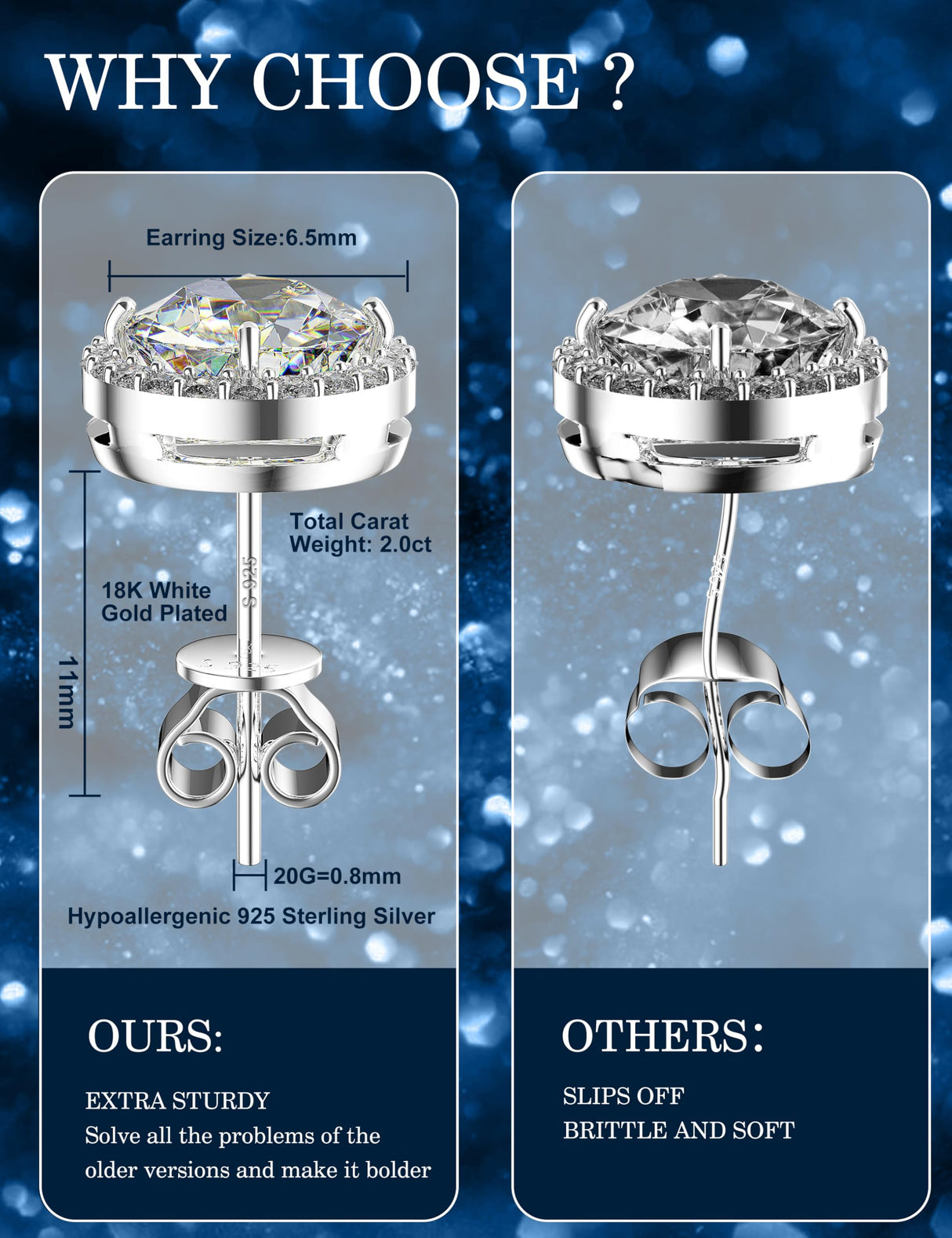 Sterling Silver Moissanite Earrings Studs for Women Men Hypoallergenic