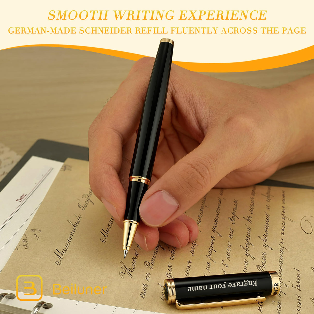 BEILUNER Black Personalized Pen,Stunning Luxury Lacquer With 24K Gold,Schneider Ink Refills,Multiple Fonts To Custom Rollerball,Gift Pen For Men & Women,Executive,Graduation,Christmas,Nice Pens