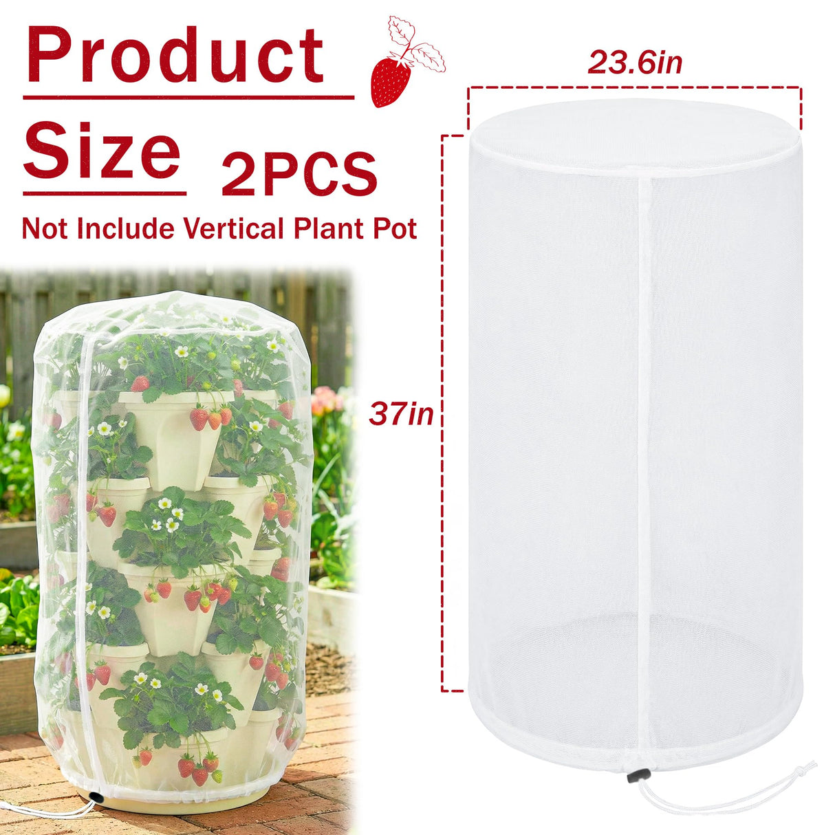 Warmfarm 2 Pcs Vertical Plant Pot Insect Netting,5-Tier Stackable Planter Garden Net Cover for Strawberry, Planter Pot Protection Mesh with Drawstring for Strawberry Herb Vegetable Flower Fruit