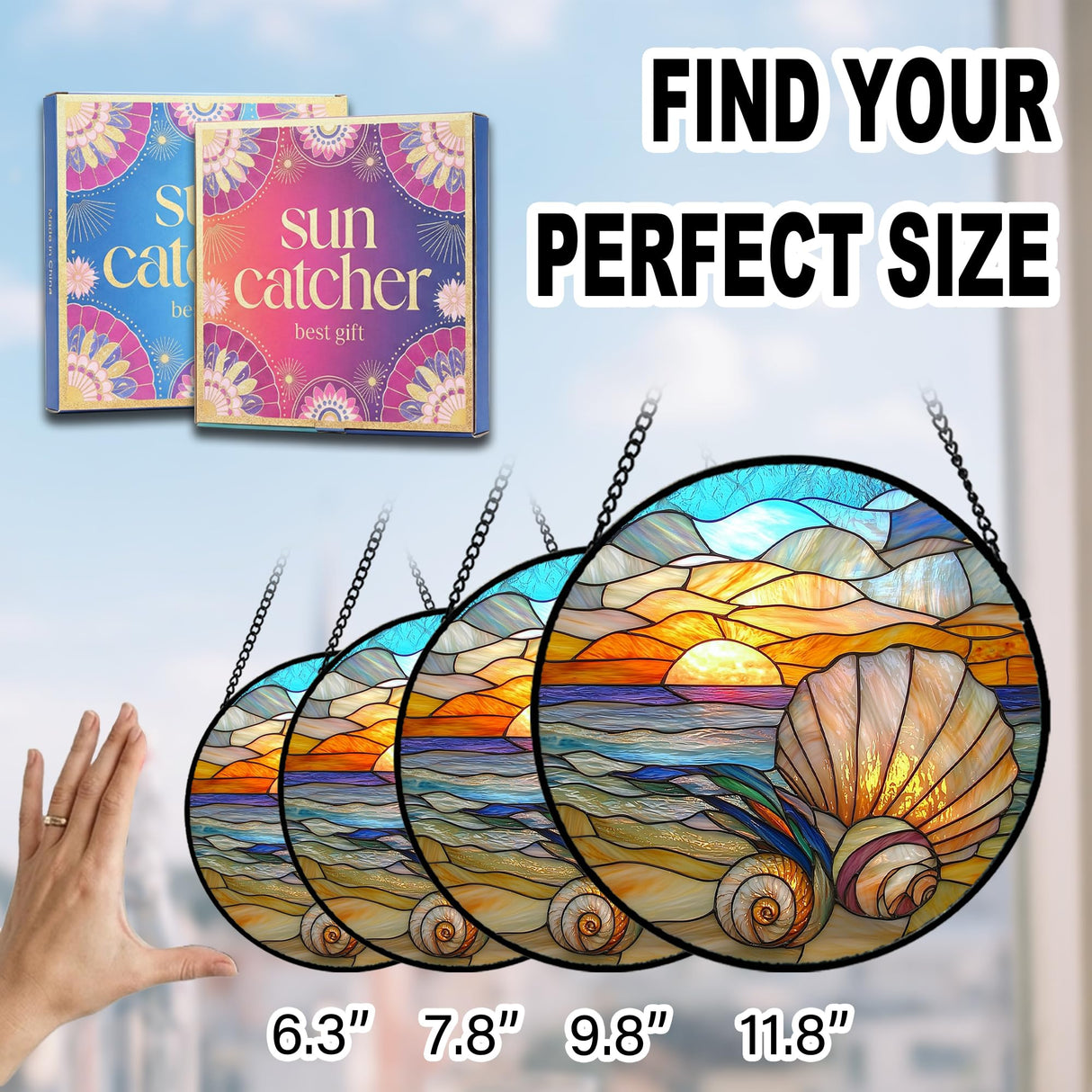 Birthday Gifts for Women - Beach Shell Faux Stained Glass Window Hanging Sun Catcher for Door Garden Acrylic Ocean Decor Mother's Day Christmas for Mom Men Nana Grandma Sisters 6.3"