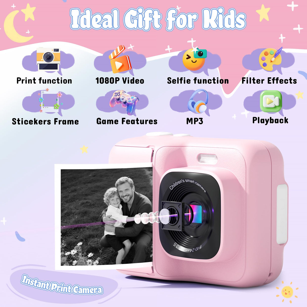 ETIKEZ Kids Camera, 1080P Instant Digital Print Camera for Kids, Christmas Birthday Gifts for 4 5 6 7 8 9 10 Year Old Girls Boys, Portable Toy with 32GB SD Card & 3 Rolls Printing Paper, Pink
