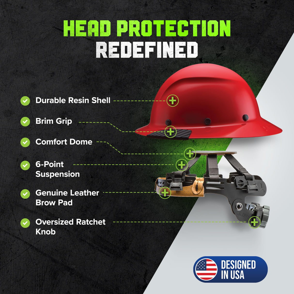 LIFT SAFETY Dax Fiber Resin Full Brim Safety Helmet | 6 Point Suspension for Comfort & Impact Protection | Red